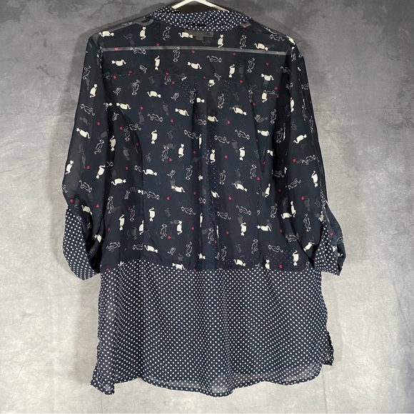 Sheer Kitty Cat Print Button Top All Over Print Blue Shirt Lightweight Sz L - Picture 4 of 9